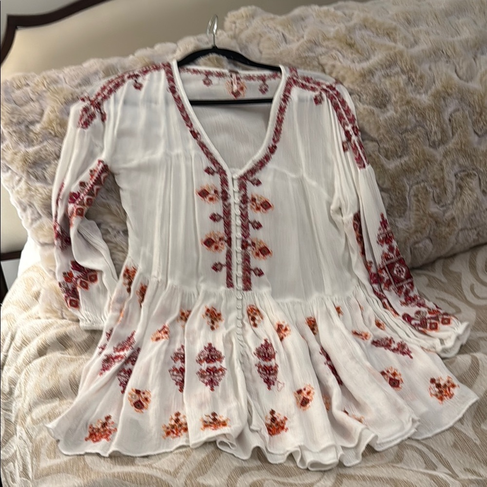 Free People Cream Tunic with Bell Sleeves and Ruffled Details tunic/mini dress